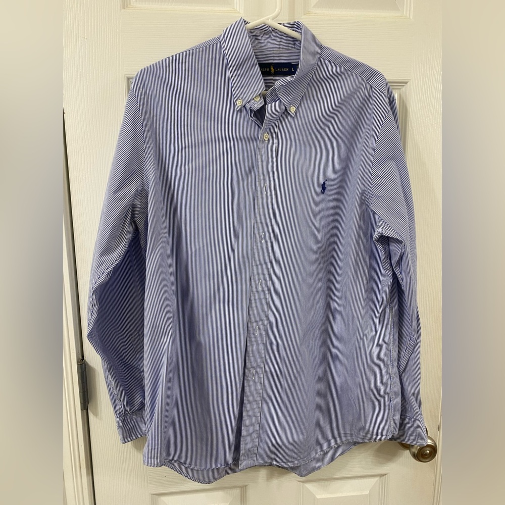 Ralph Lauren, long sleeve, button down, blue and white striped shirt.